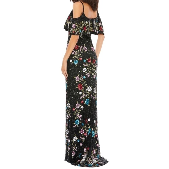 Mac Duggal Cold Shoulder Sequin Floral Gown Dress Black Size 2 Formal Black Tie - Picture 2 of 13